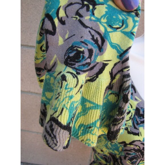 Cardigan Sweater XXI Twist Green Bold Floral Roses Button Front Size S/P - Picture 3 of 6